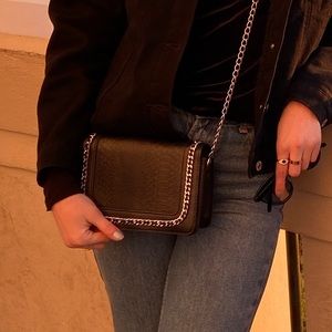 Black faux leather silver chain cross body bag